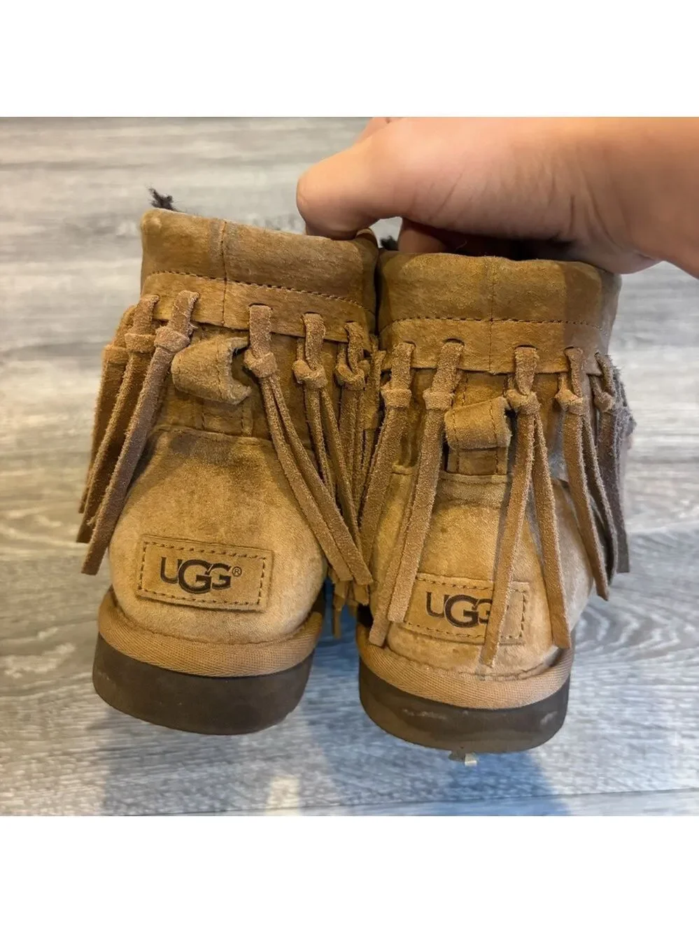 UGG Chestnut Suede Shearling-Lined Fringe Ankle Boots Size 9